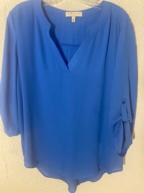 Chaus Women's Bright Royal Blue Split V-Neck Blouse Oversized Medium SheerDressy